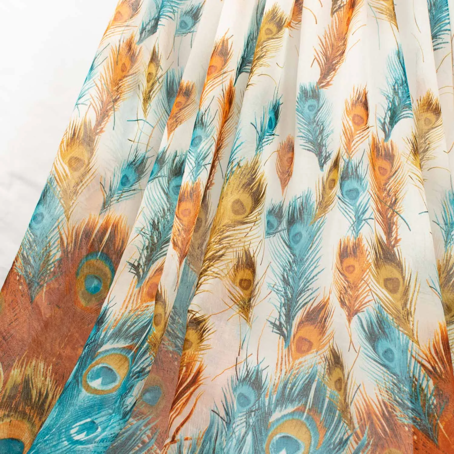 Peacock Printed Cotton Blended Voile Teal & Orange