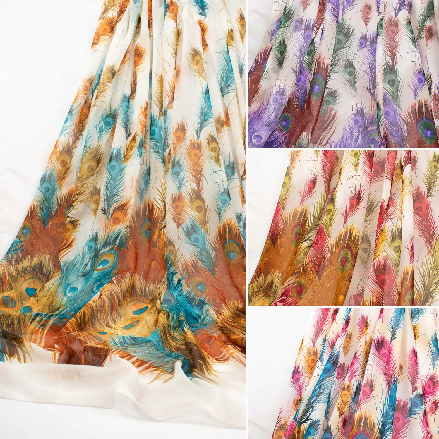 Peacock Printed Cotton Blended Voile Teal & Orange