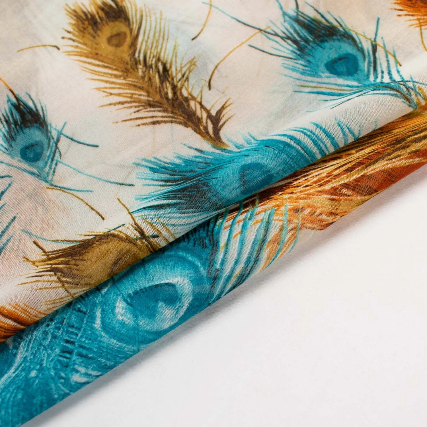 Peacock Printed Cotton Blended Voile Teal & Orange