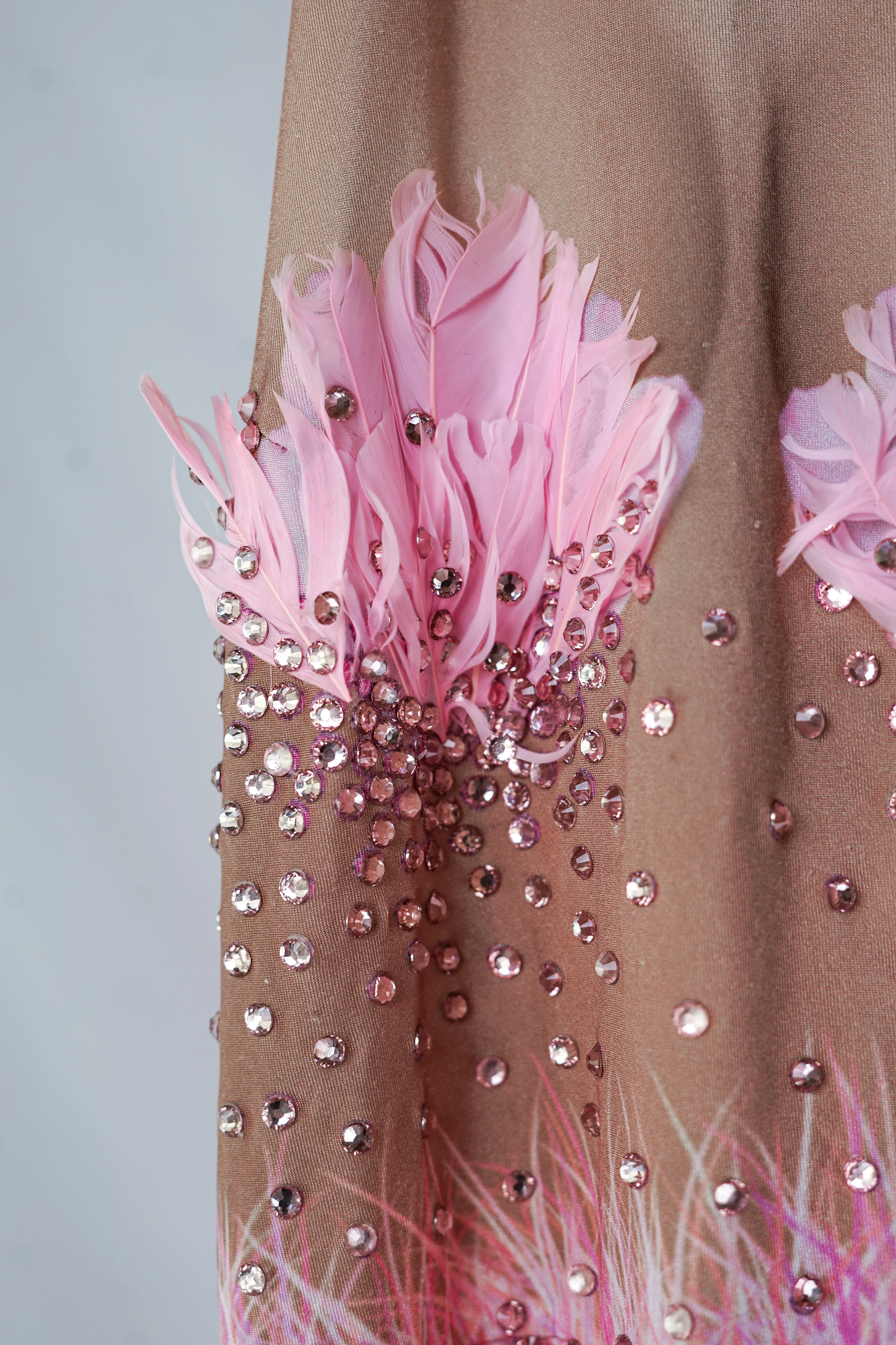 Pink and Tan Bodysuit with Skirt, Rhinestones, and Feathers