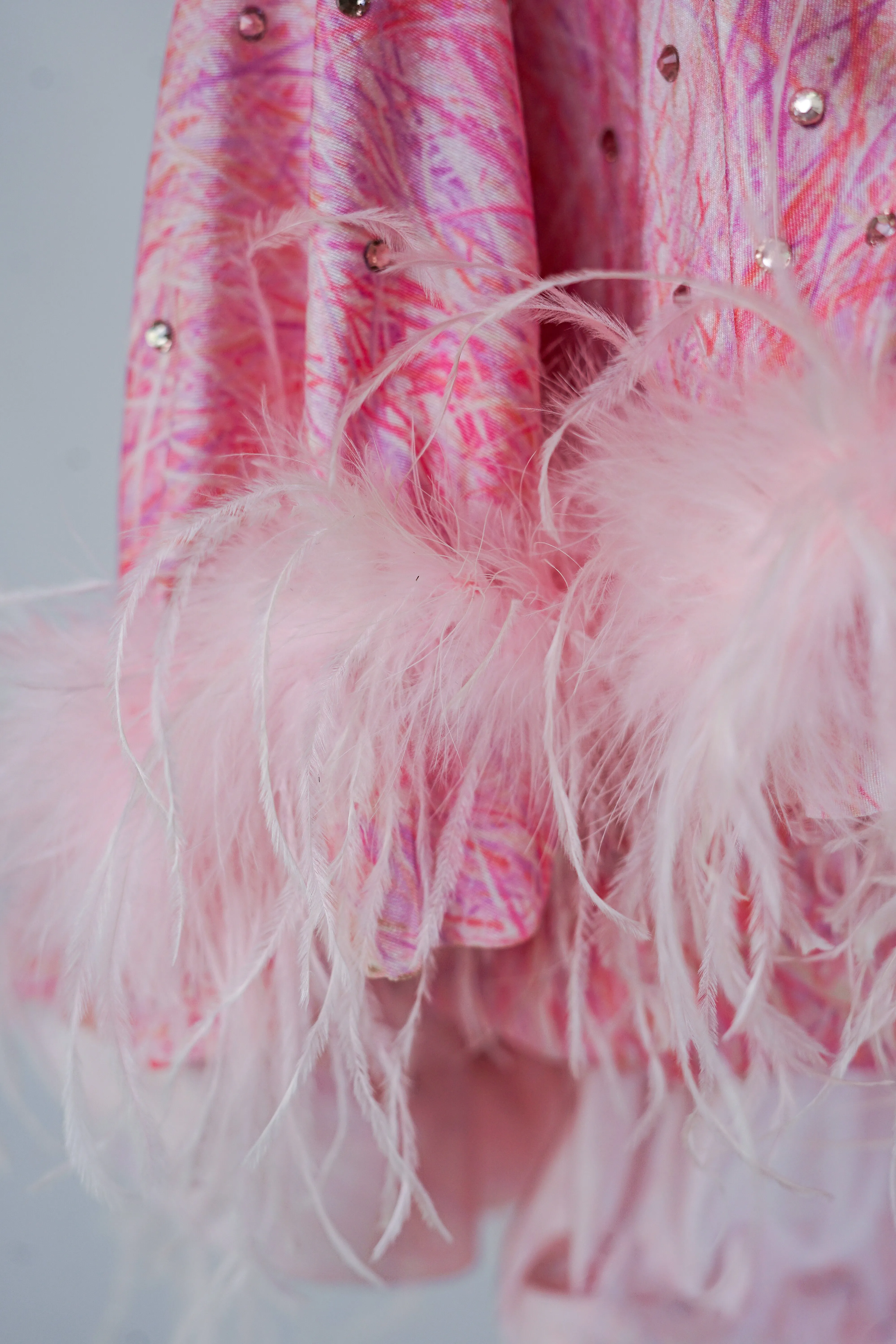 Pink and Tan Bodysuit with Skirt, Rhinestones, and Feathers