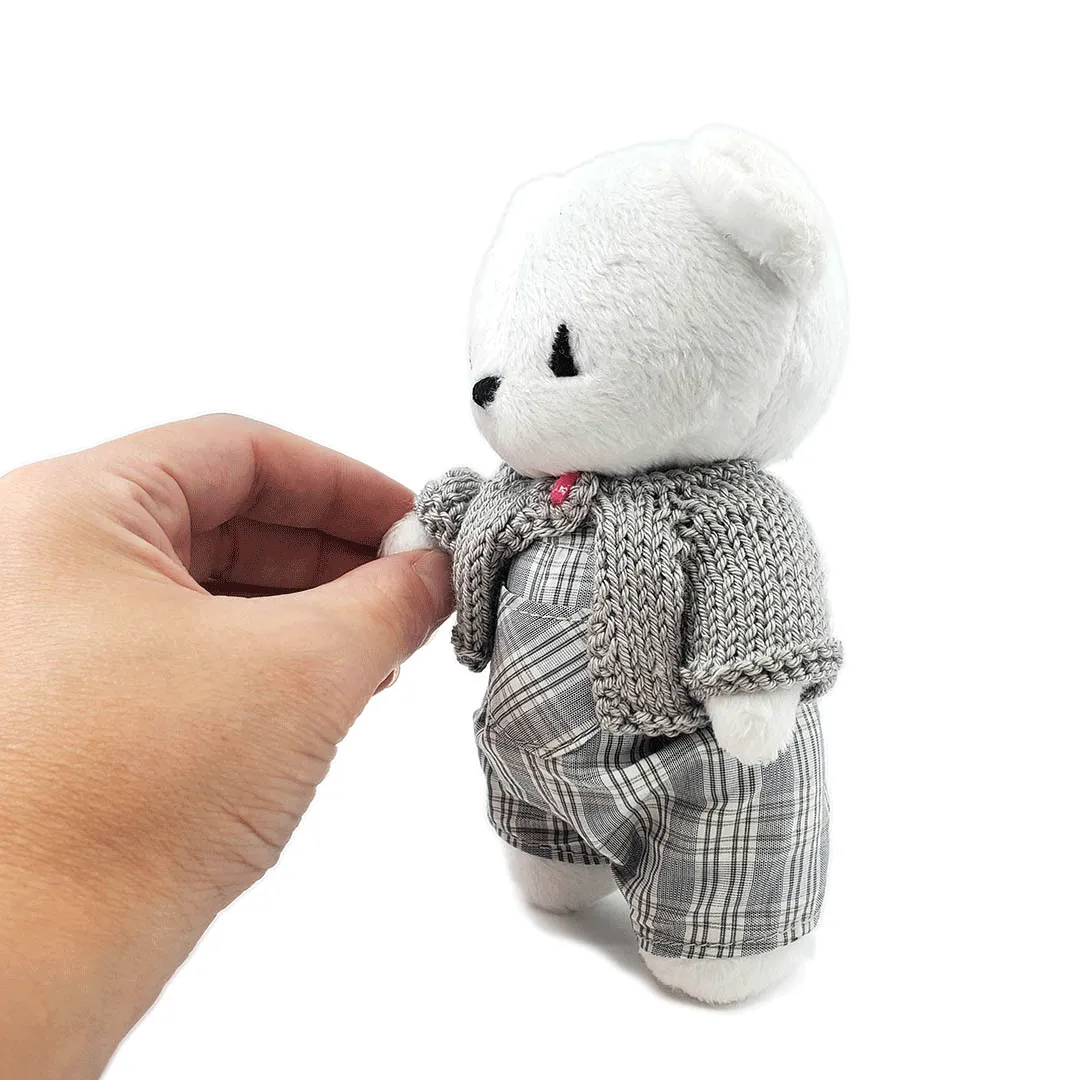 Plush - Polar Bear in Plaid Overalls and  Gray Cardigan by Frank and Bubby