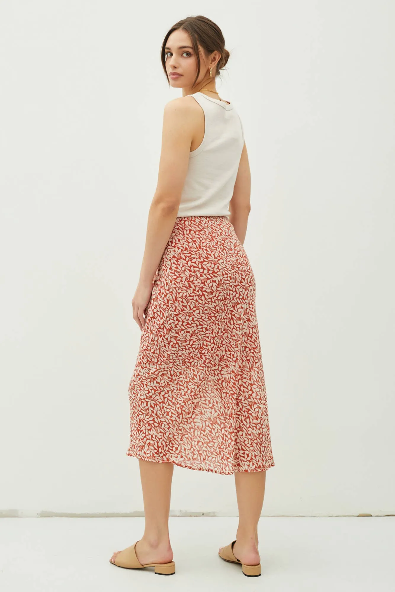 PRINT DRAPED SIDE KNOT MIDI SKIRT