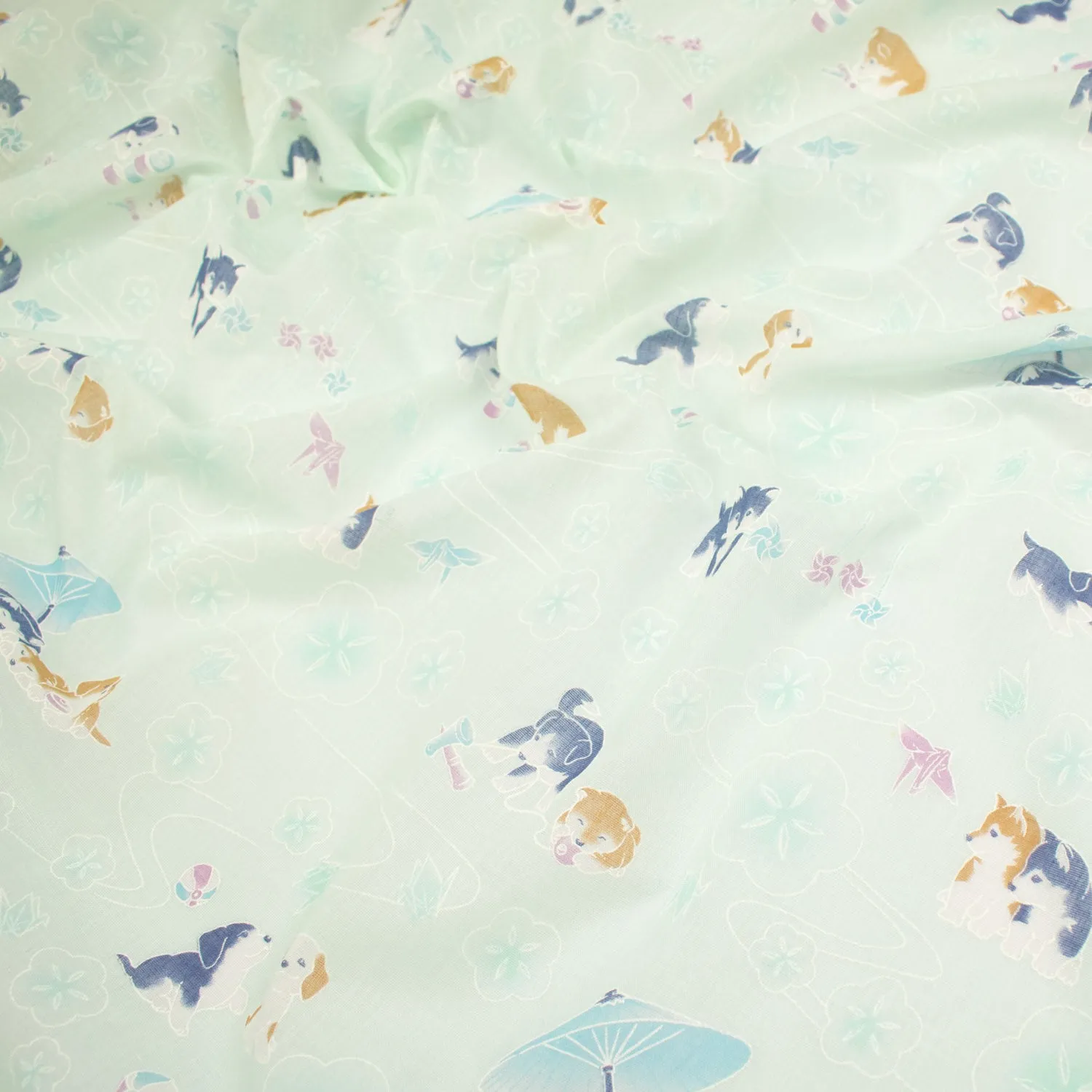 Printed Cotton Voile Design-19 Happy Dogs on Light Mint