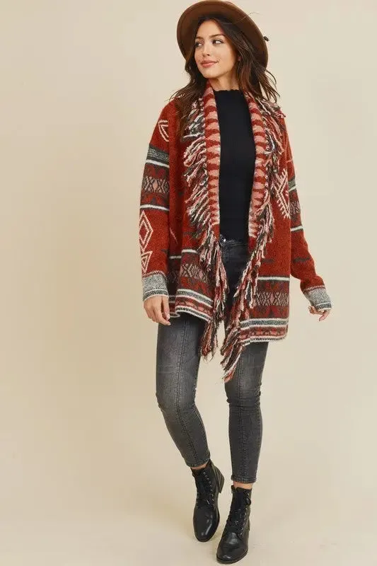 Sienna Aztec Open Front Fringe Cardigan