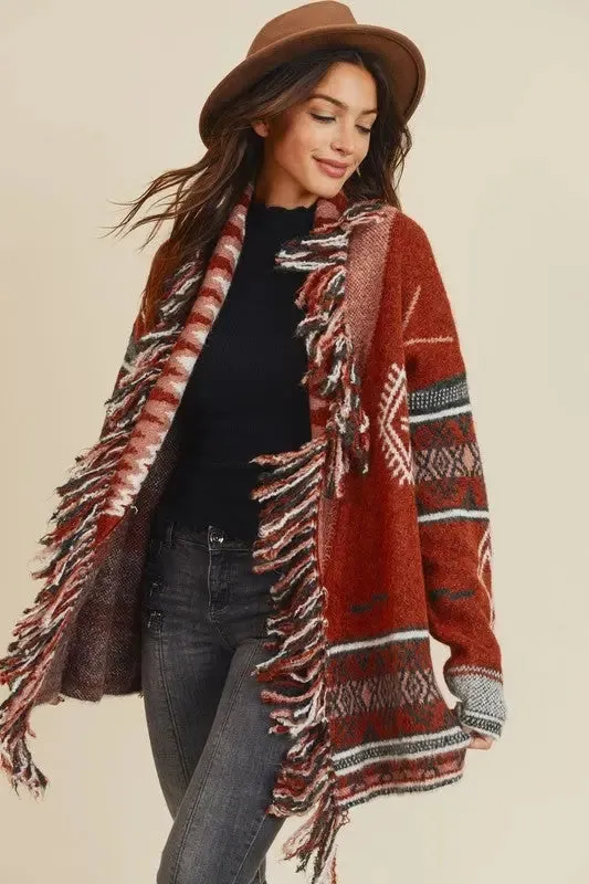 Sienna Aztec Open Front Fringe Cardigan