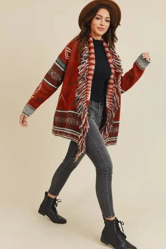 Sienna Aztec Open Front Fringe Cardigan