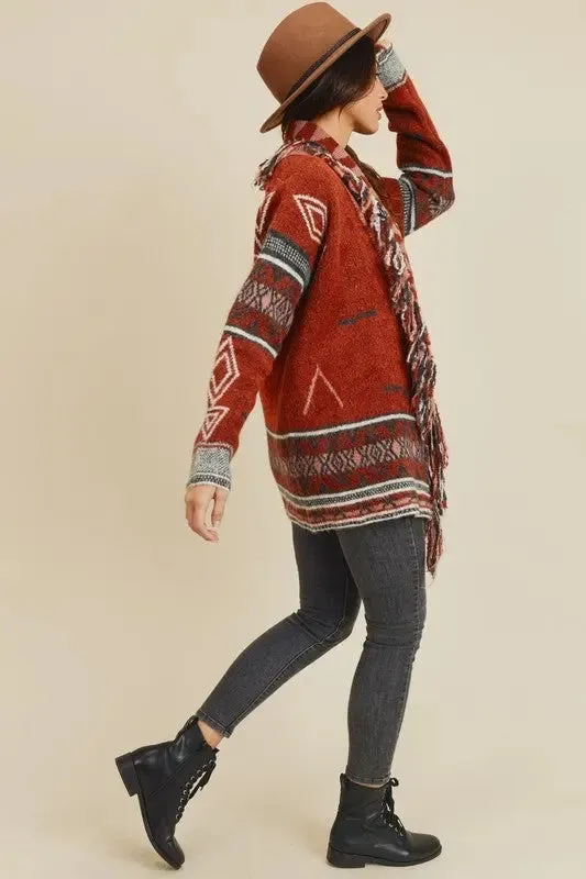 Sienna Aztec Open Front Fringe Cardigan