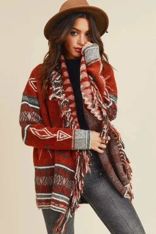 Sienna Aztec Open Front Fringe Cardigan