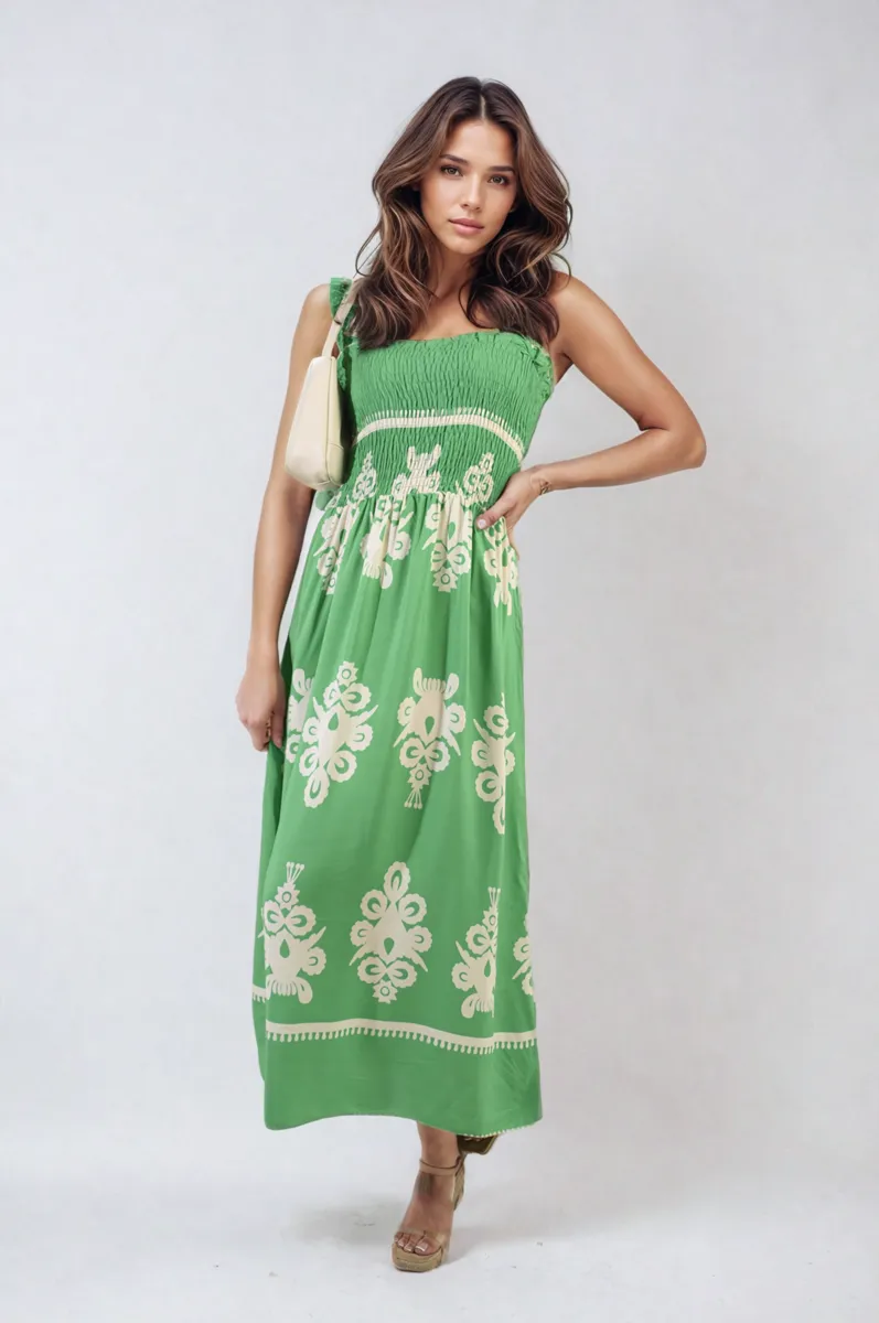 Smocked Sleeveless Flowy Tribal Print Summer Maxi Dress