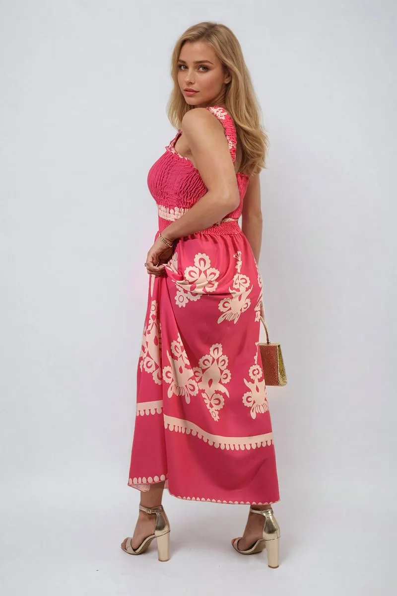 Smocked Sleeveless Flowy Tribal Print Summer Maxi Dress