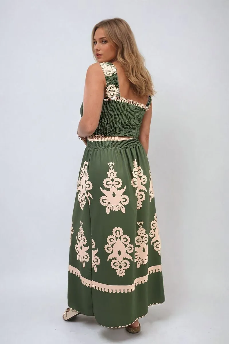 Smocked Sleeveless Flowy Tribal Print Summer Maxi Dress