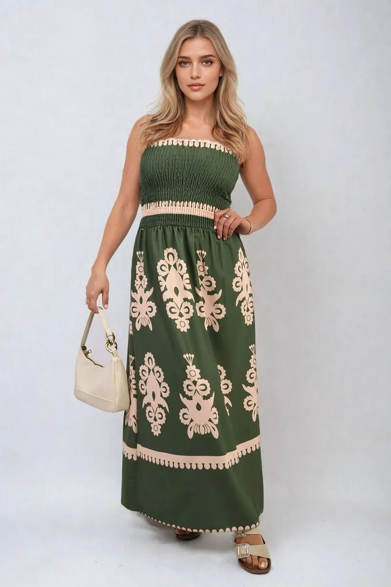 Smocked Sleeveless Flowy Tribal Print Summer Maxi Dress