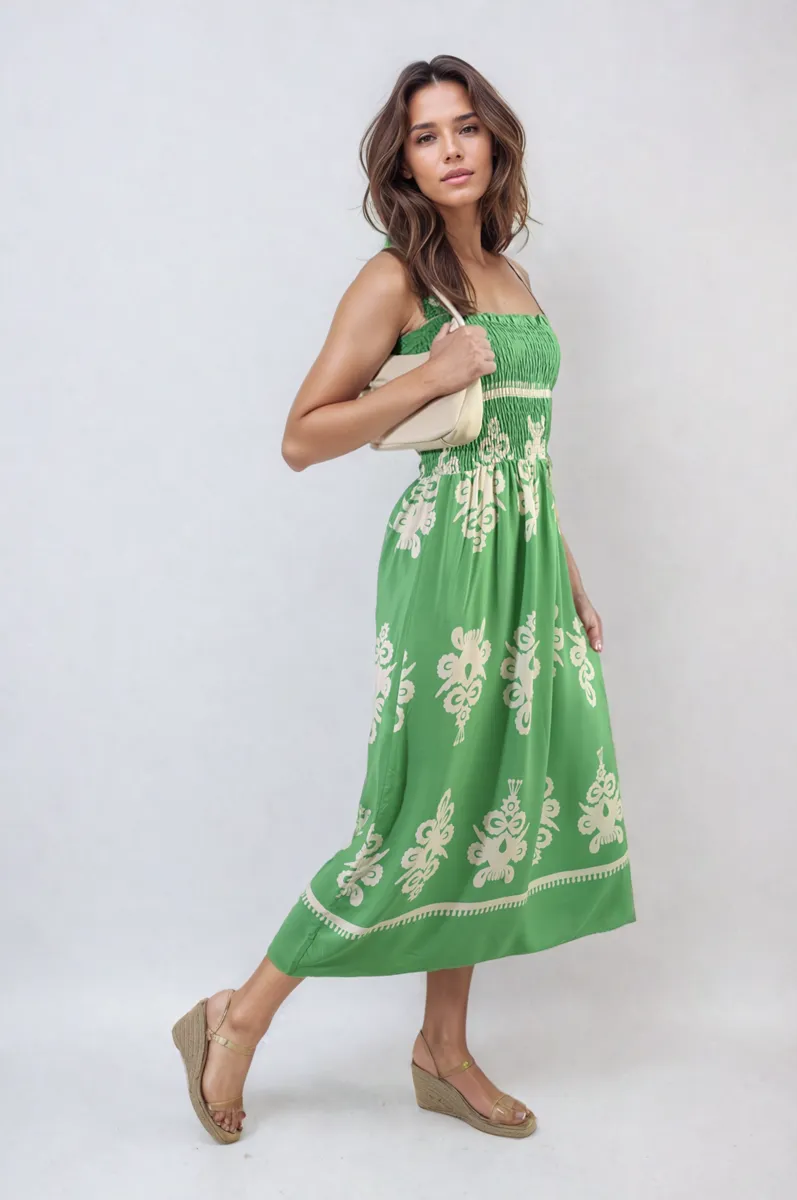 Smocked Sleeveless Flowy Tribal Print Summer Maxi Dress