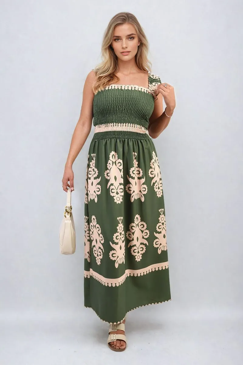 Smocked Sleeveless Flowy Tribal Print Summer Maxi Dress