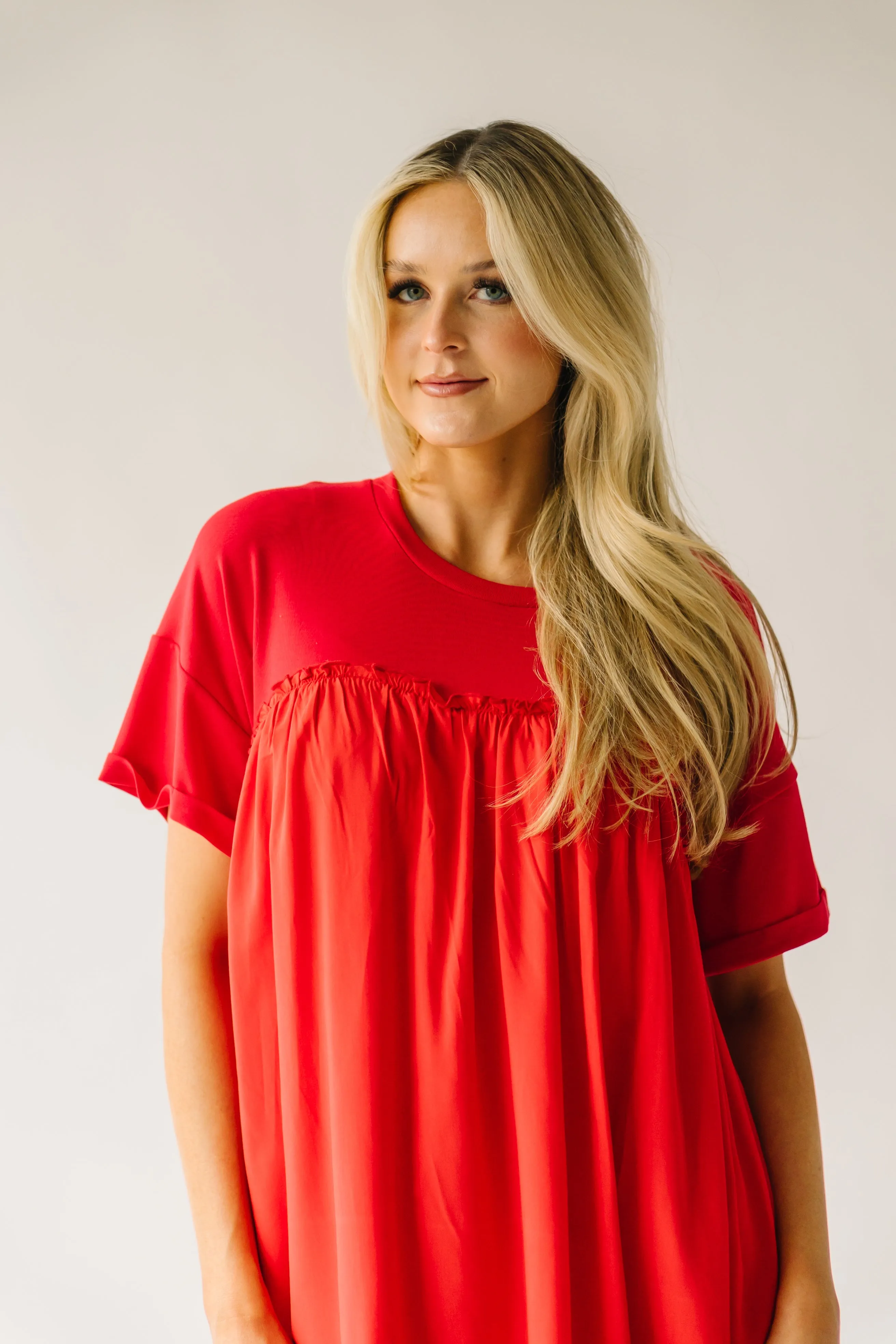 The Tyronza Contrast Ruffle Detail Dress in Tomato Red