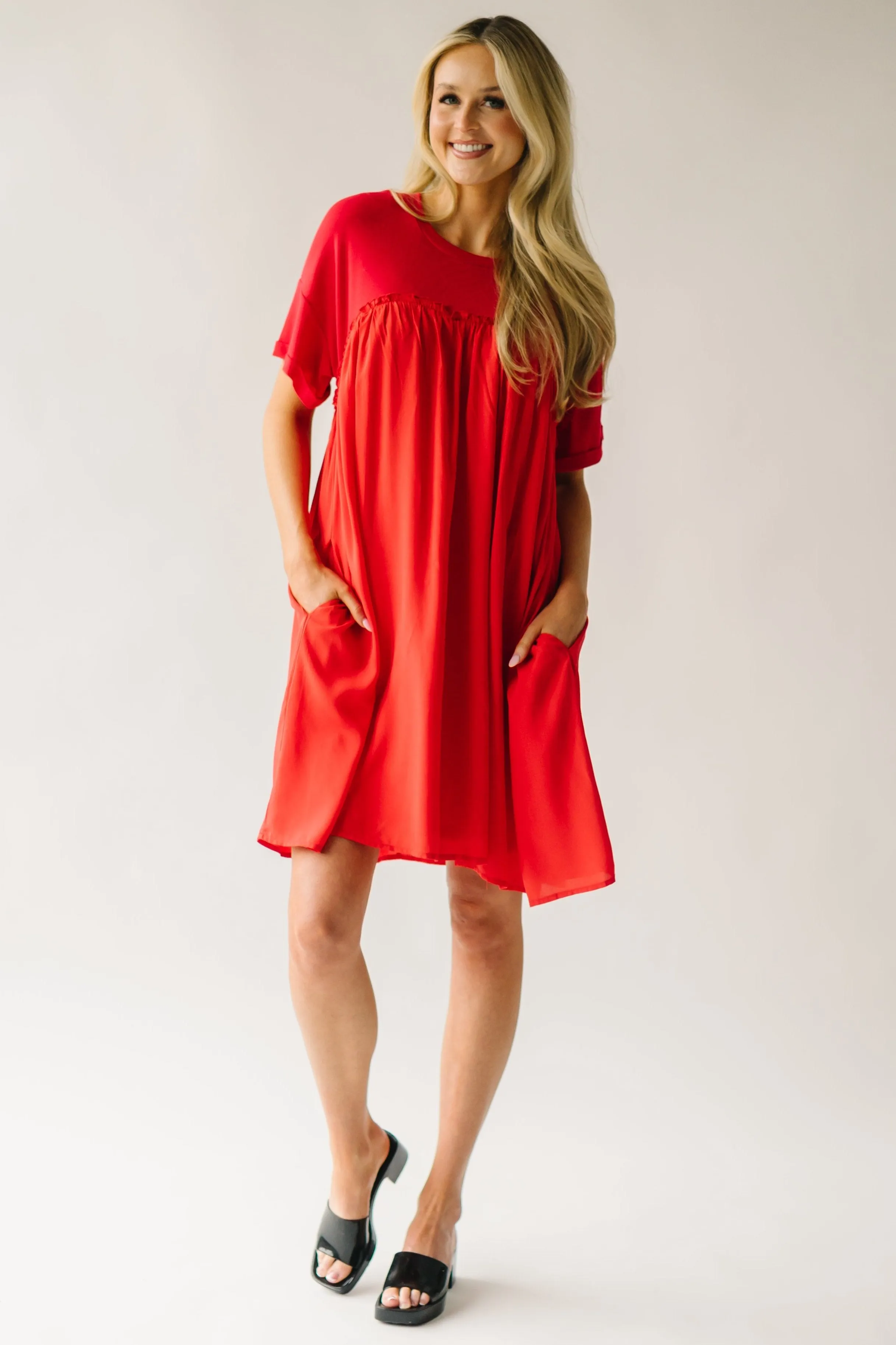 The Tyronza Contrast Ruffle Detail Dress in Tomato Red