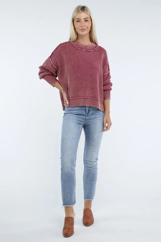 Washed Side Slit Oversized Cropped Sweater