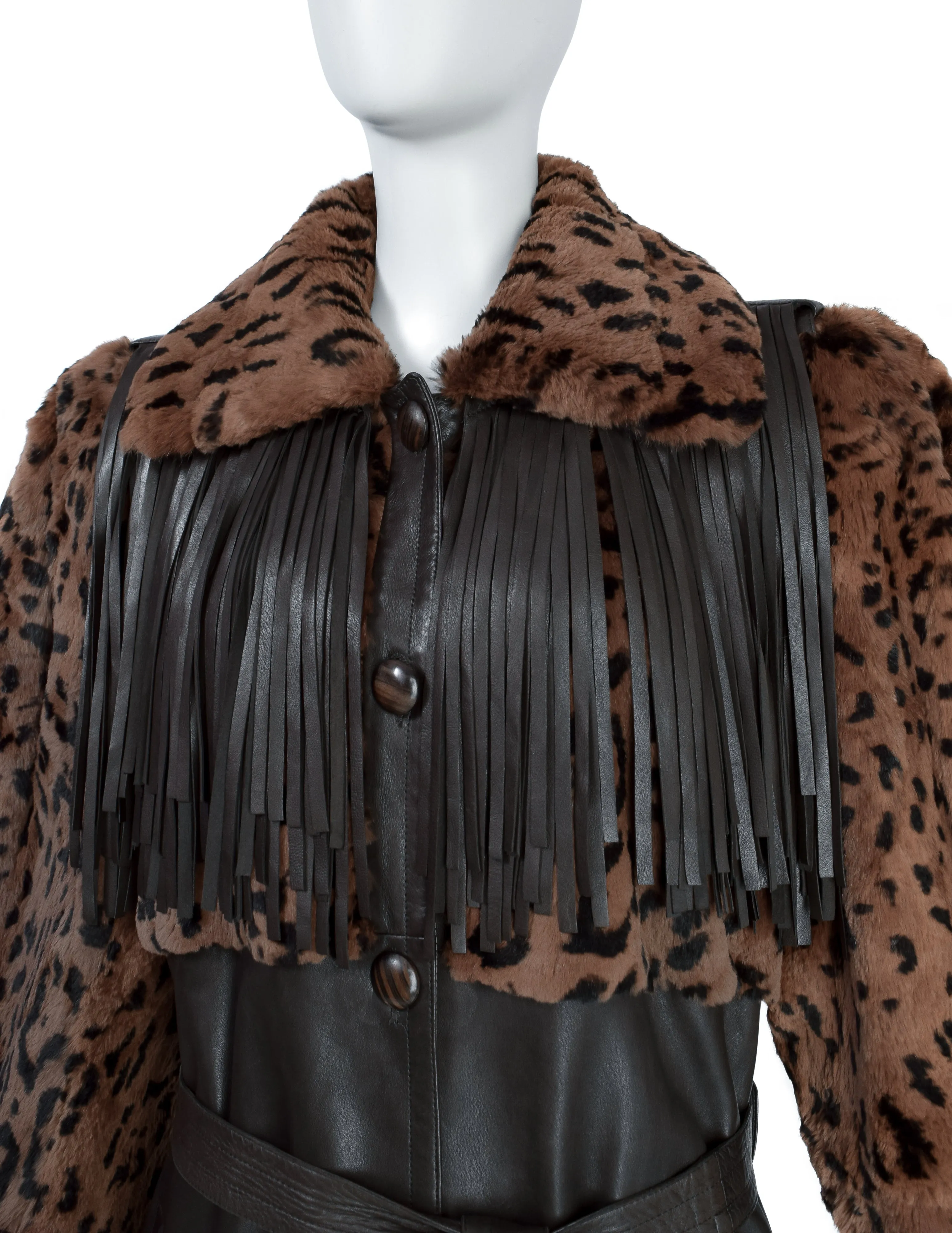 Yves Saint Laurent Vintage AW 1987 Lambskin Leather Leopard Fur Fringe Western Inspired Coat