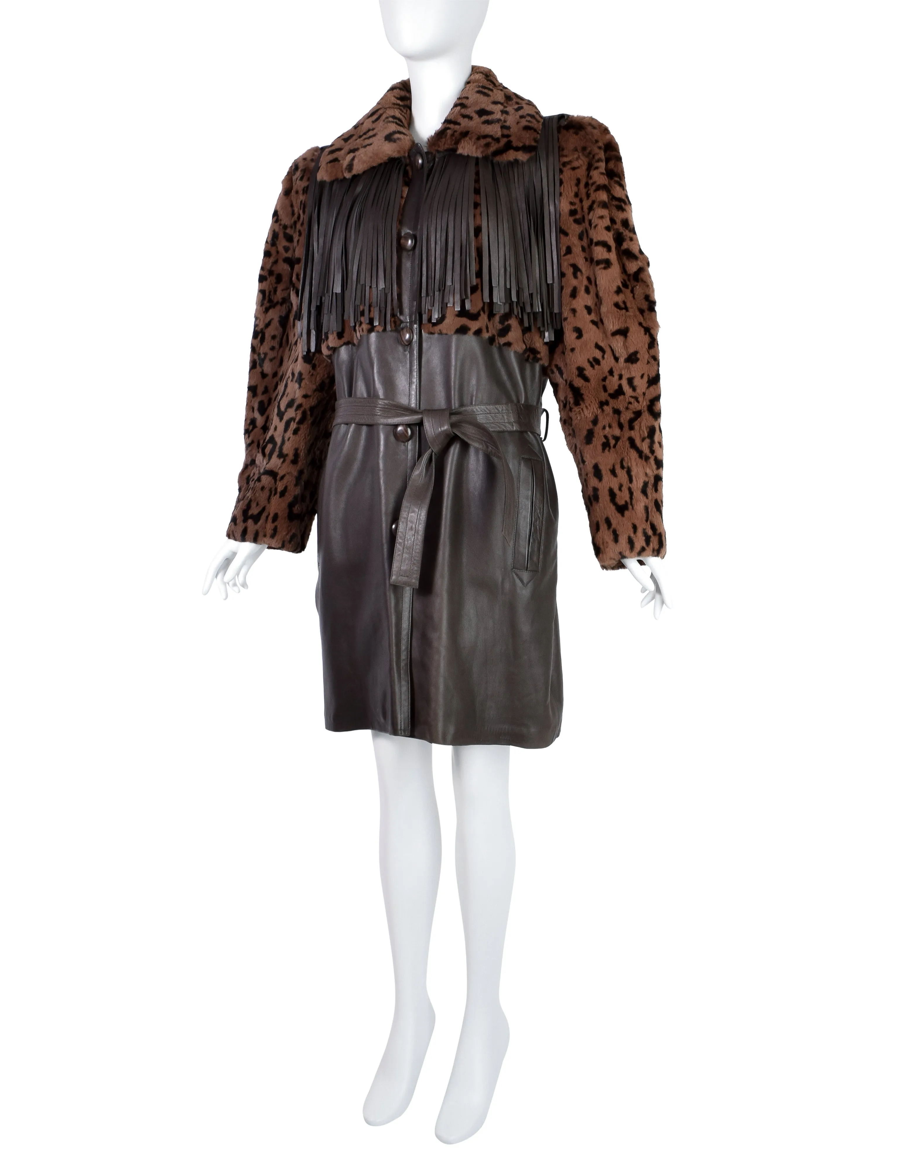 Yves Saint Laurent Vintage AW 1987 Lambskin Leather Leopard Fur Fringe Western Inspired Coat