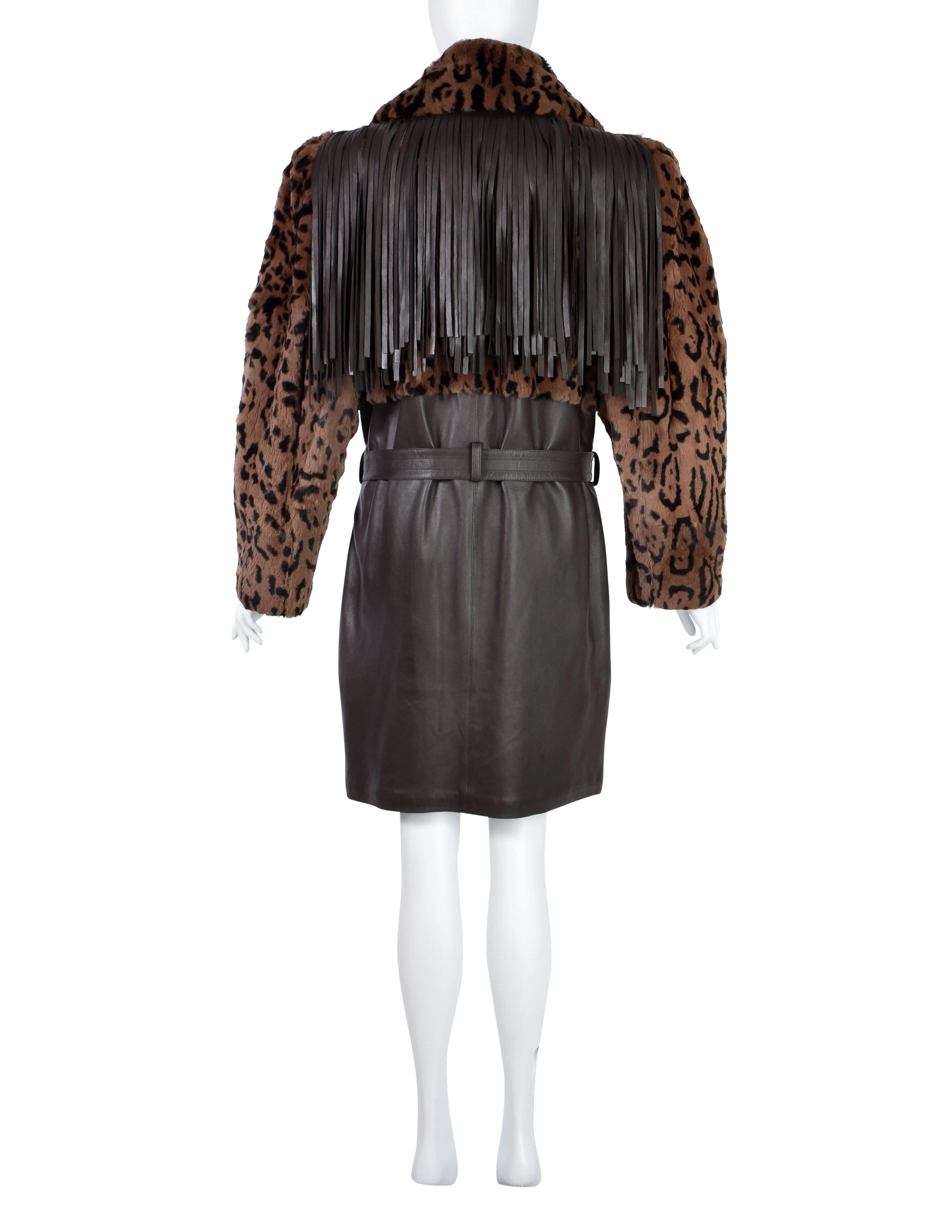 Yves Saint Laurent Vintage AW 1987 Lambskin Leather Leopard Fur Fringe Western Inspired Coat