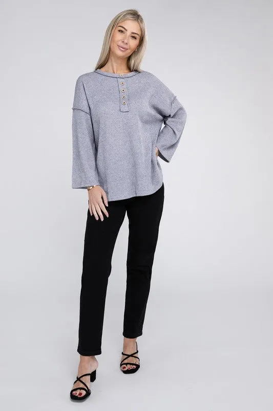 Zenana If Looks Could Kill Hacci Henley Sweater